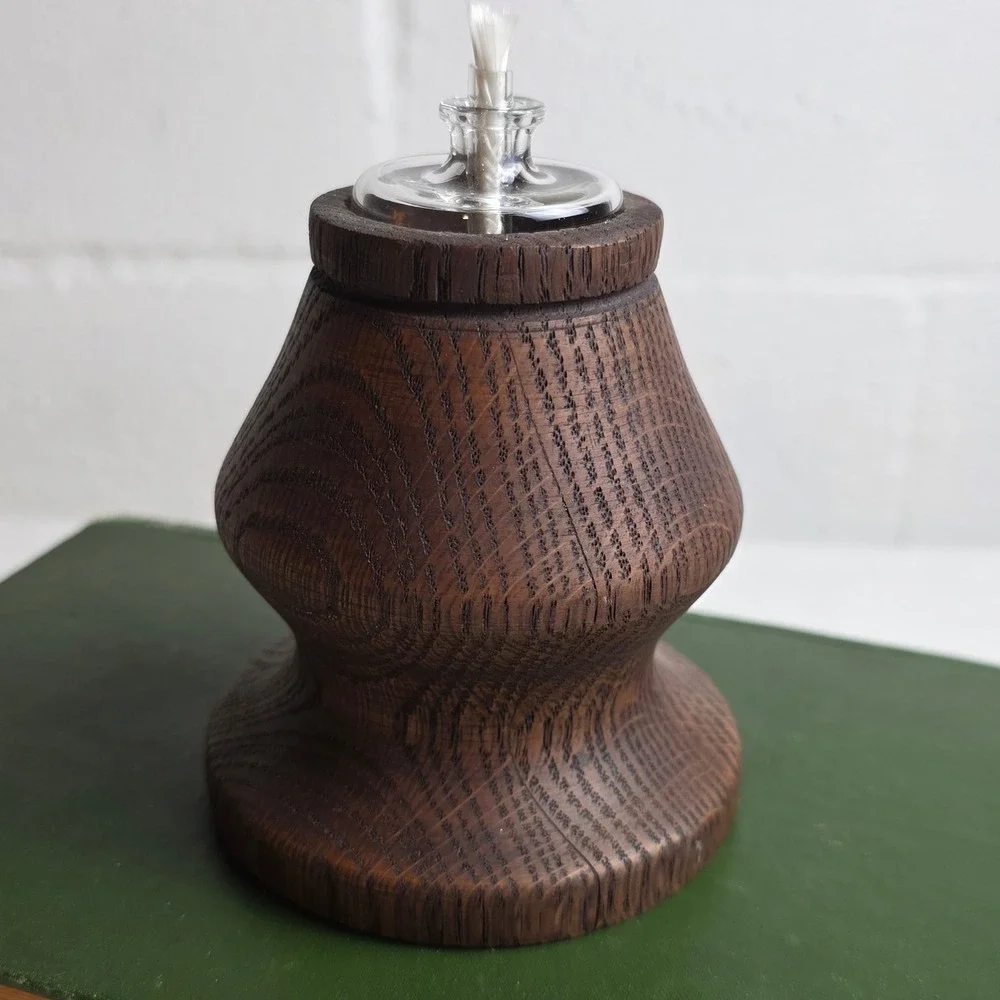 Vintage Hand Turned Oak Wood Oil Lamps Set of 2 Dark Stain Glass Reservoir